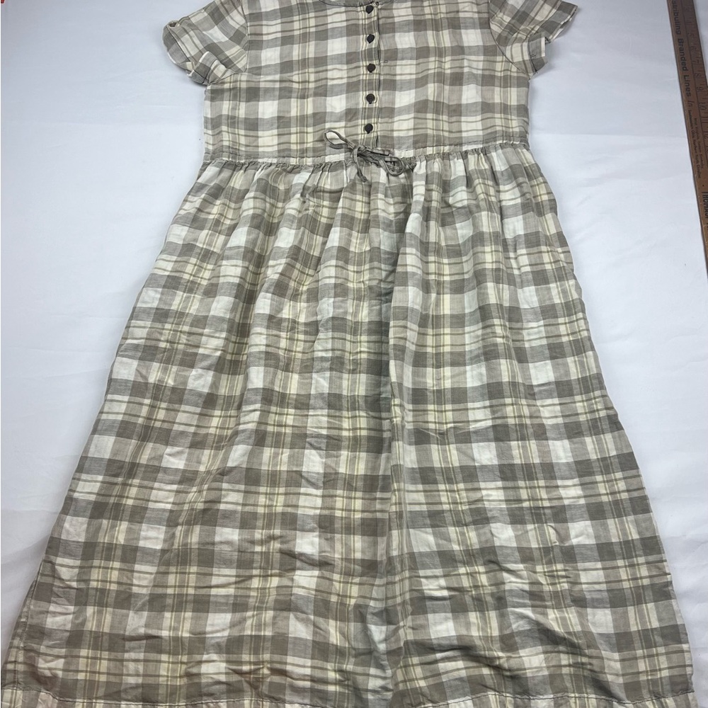 Women’s Beige Plaid Button-Front country cottage Dress with Tie Waist